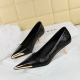 2025 237-29  style banquet fashion women's shoes, medium heel, light mouth, metal pointed head, sparkling sequined cloth, snake pattern single shoes women