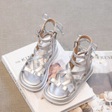 KAMAMES Children's Roman Sandals Girls' Summer  New Princess Shoes Soft Bottom Middle and Big Children's High-Top Silver Fashion British