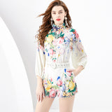 Spring/Summer popular - Vintage V-Neck Lantern Sleeve Shrinkled Lantern Sleeve Shirt + Vintage Lace Shorts Two-piece Set Women