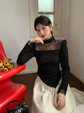 2025 popular autumn and winter new temperament round neck lace splicing bottoming shirt women's versatile top tide 89150