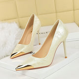 2025 3739-35  fashion women's shoes shallow mouth pointed head thin heel iron head metal pointed head decorative super high heel single shoes