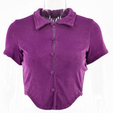 2025 women's clothing Spice Girls new retro cardigan summer solid color double-layer single-breasted lapel sexy casual T-shirt women