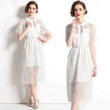 light luxury retro style lapel sexy hollow high sense heavy lace waist thin white dress