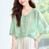 Cotton cocoon, heavy industry embroidered flower shirt women's summer  retro temperament commuter versatile shirt