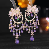 2025 S925 silver needle exaggerated atmosphere heavy industry earrings wholesale color zircon inlaid flower butterfly water drop fringed earrings