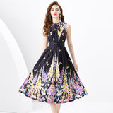 Women's Clothing Spring/Summer popular - Ribbon Neck Sleeveless Pleated Single Placket Long Vintage Oil Painting Printed Dress