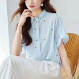 Cotton cocoon, square neck embroidered short-sleeved shirt for women in summer 25, new temperament age-reducing design sense jacquard shirt for women