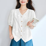 Cotton cocoon  summer new temperament v-neck lace embroidered short-sleeved shirt women's  bubble-sleeved short top