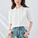 Cotton cocoon, small square collar white shirt women's short sleeves  summer new pure cotton top Korean version casual women's shirt