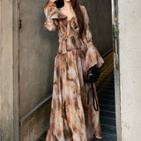 2025 spring and summer new Chinese dress set smudged premium long skirt V-neck horn long sleeve
