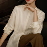 2025 Mulberry silk twill satin high-end material, waist white shirt, spring and summer women's stand-up collar top commuter shirt