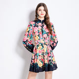 retro court style dress women's popular autumn new temperament waist and thin printed lantern sleeve skirt