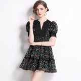 Small Women's popular Summer  Retro Printed Dress V-Neck Lace Waist Skinny Tea Break Dress