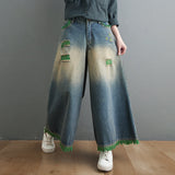 kamames Spring  New Slimming Loose Washed-out Denim Pants Ripped Wide-Leg Pants Retro Casual Jeans for Women