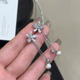 Korean version of fringed flower earrings, one two-wear pearl five-petal flower stud earrings, silver needle earrings, long zircon earrings.