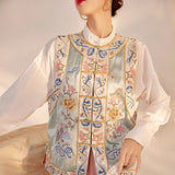 High-end national style vest popular autumn round neck heavy industry embroidery acetic acid new Chinese buckle coat female M7089