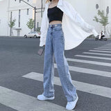 kamames High Waist Jeans for Girls Autumn Blue Straight Loose Slimming  New Drape Mop Wide Leg Pants