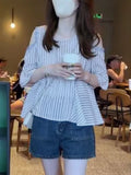 Official website, off-shoulder striped design, loose belly-covering chiffon shirt, women's summer  new small top