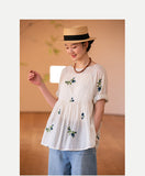 Mountain Free Women's Handmade Embroidery Skin-friendly Ramie, Fun Flower Embroidery Pullover T-Shirt, Top Shirt 220603