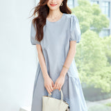 Cotton cocoon, blue bubble sleeve dress women's  summer new loose and thin design niche thin skirt