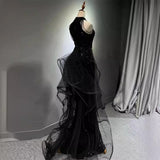 New evening dress black advanced sense slim temperament celebrity host neck fishtail skirt wedding toast dress spring