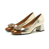 2025 5299-A3 color matching medium heel square buckle rhinestone single shoes fairy style square head thick heel light mouth professional high heels 5CM