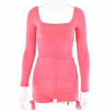 2025 autumn new square neck jumpsuit women's sexy tight sports long-sleeved drawstring tethered jumpsuit shorts