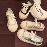 kamames Silk Surface Platform Shoes Women's  Summer New Lace up Casual Breathable Two-Way round Head Canvas White Shoes