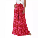 kamames New Women's High Waist Wide Leg Pants Casual Casual Wide Leg Pants Floral Solid Color Beach Pants with Pockets