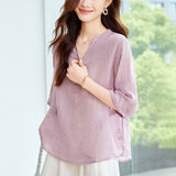 Cotton cocoon, heavy industry embroidered ramie shirt women