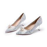 kamames High Heels Wedding Shoes  Summer Silver Bow Crystal Shoes Bride Not Tired Feet Pumps Women