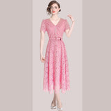 temperament elegant water-soluble lace dress short-sleeved doll collar lace-up waist dress popular summer new