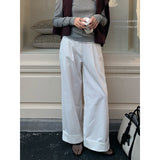 2025 THE MIND curled wide-leg casual pants women's 2025 spring new Korean version simple high-waisted versatile long pants T226