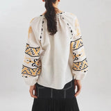 2025 25 early spring new  niche pastoral retro cotton and linen embroidered lantern sleeve doll shirt round neck pullover shirt women