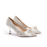 kamames High Heels Wedding Shoes  Summer Silver Bow Crystal Shoes Bride Not Tired Feet Pumps Women