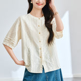 Cotton cocoon,  retro embroidered short-sleeved shirt women's summer gold buckle lantern sleeve design sense chic small shirt
