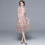 Light luxury high-end mesh cake skirt for women's heavy industry nail beads V-neck printed pendulum long skirt short-sleeved waist dress