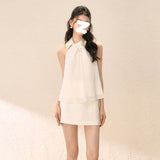 summer new celebrity daughter bead shirt high waist short skirt two-piece set light luxury temperament set M4265