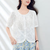 Cotton cocoon apricot embroidered shirt women's short sleeves  summer new small crew neck top pure cotton embroidered shirt