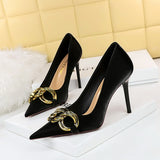 2025 7239-A1  fashion banquet women's shoes thin heel high heel shallow mouth pointed head large metal buckle single shoes high heels