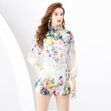 Spring/Summer popular - Vintage V-Neck Lantern Sleeve Shrinkled Lantern Sleeve Shirt + Vintage Lace Shorts Two-piece Set Women