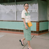 2025knitted fashion two-piece suit for women, striped lapel hollow short-sleeved top and skirt new suit for women
