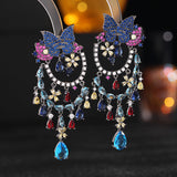 2025 S925 silver needle exaggerated atmosphere heavy industry earrings wholesale color zircon inlaid flower butterfly water drop fringed earrings