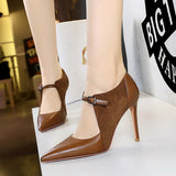 2025 9783-1 Retro  style high heels, thin heel suede pointed splicing, hollow deep mouth shoes, single shoes, high heels women's shoes