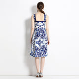 Retro temperament blue and white porcelain printed waist a word ruffle edge dress elegant seaside vacation style suspender dress