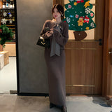 2025 popular autumn and winter new temperament bow knitted top + A-shaped half-length skirt two-piece set 25201