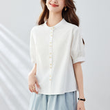 Cotton cocoon, thin blue shirt women's five-quarter sleeves  summer new crew neck top design loose shirt