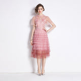 popular new sweet temperament doll collar embroidery high waist thin layer cake gradual change lace dress