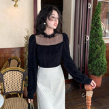 2025 popular autumn and winter new temperament stand-up collar mesh splicing bottoming shirt women's versatile top tide 89161