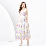 Women's Clothing Spring/Summer popular - Vacation Style V-Neck Lantern Sleeve Waving Edge Painted Mini Printed Cake Dress